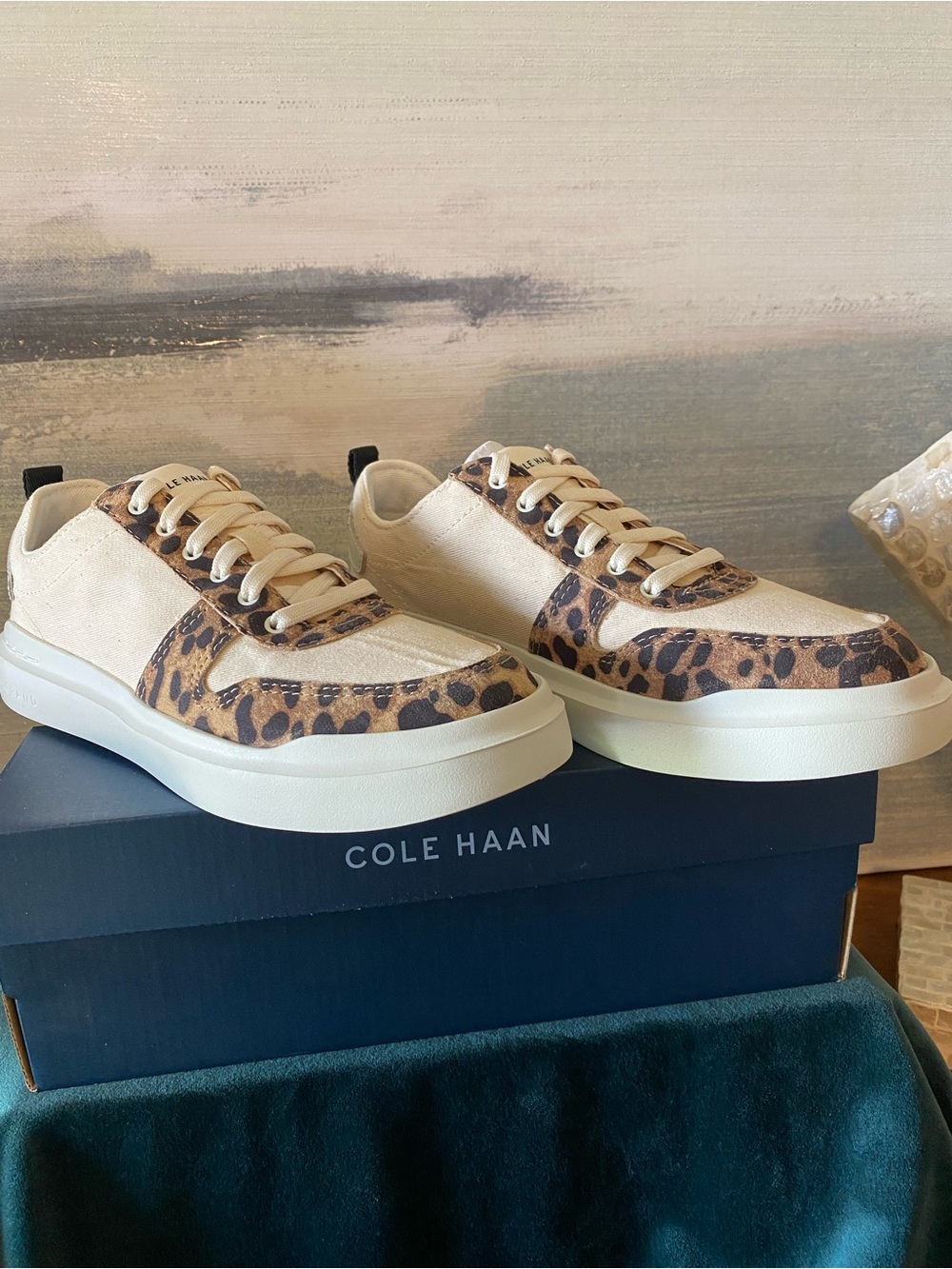 Cole Haan Cream Sneakers with Leopard Print Trim